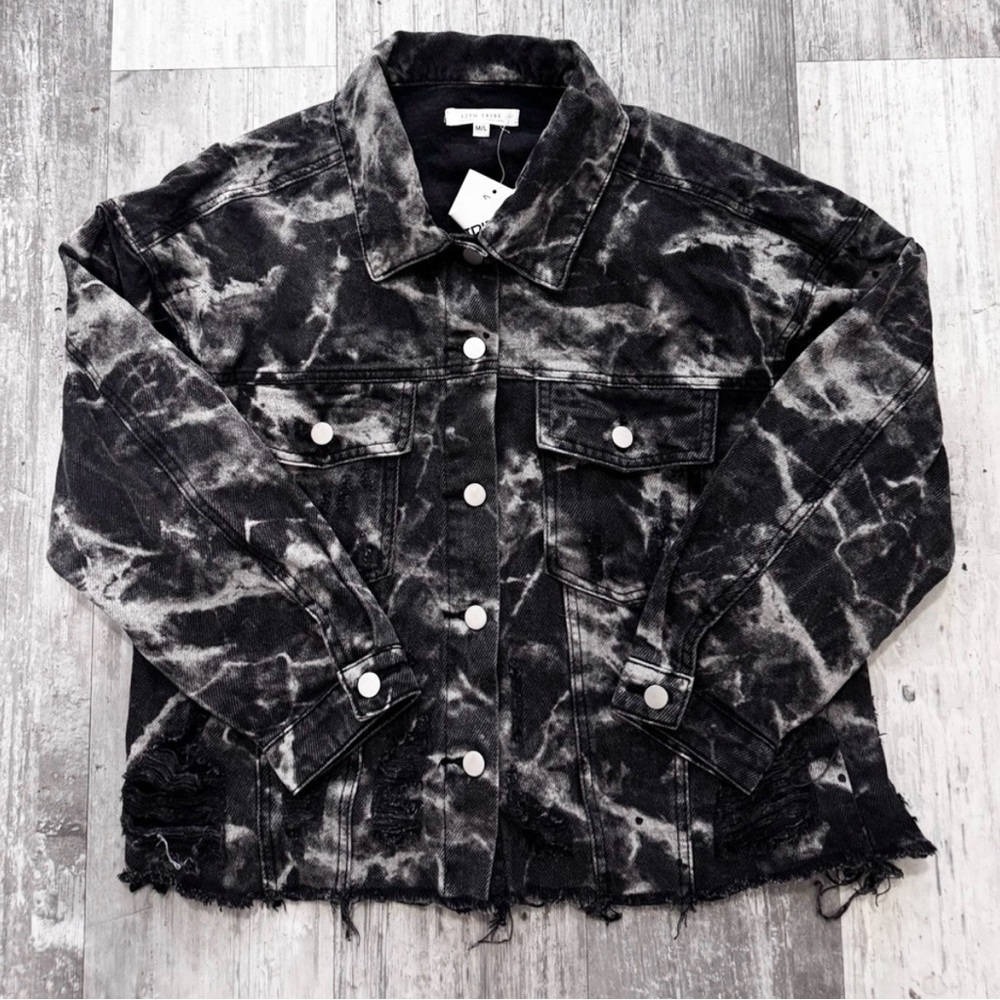 12th Tribe Black & White Distressed Tie-Dye Oversized Denim Jacket NWT |Size M/L